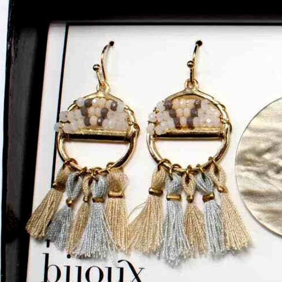 Bijoux Bar 3 Pair Dangle Earrings-Gold Gunmetal MOP Tassels Crystals Gift Box - Picture 2 of 7